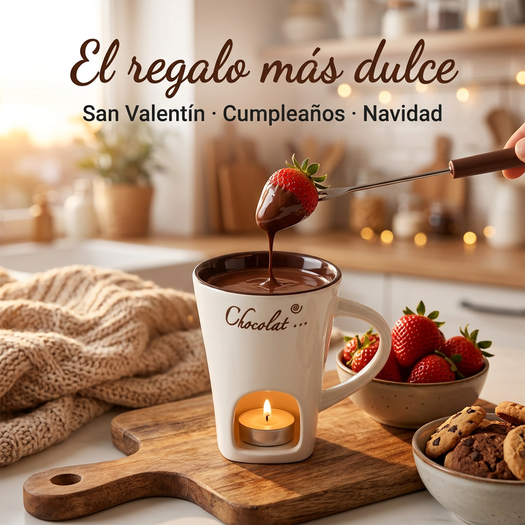 Taza fondue con fresas bañadas en chocolate